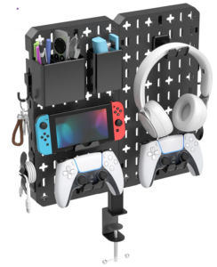 Clamp-on desk pegboard organizer holding gaming controllers, headset, Nintendo Switch, cables, and desk accessories.