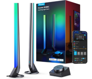 Govee RGBIC gaming light bars with color-changing LED lighting, control dial, and mobile app control.