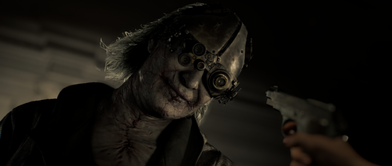 Creepy cyborg-like enemy from Resident Evil Requiem with a mechanical eye implant leaning toward a gun aimed at it.