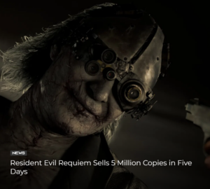 Horror character with a mechanical mask from Resident Evil Requiem featured in a news image about the game’s sales.