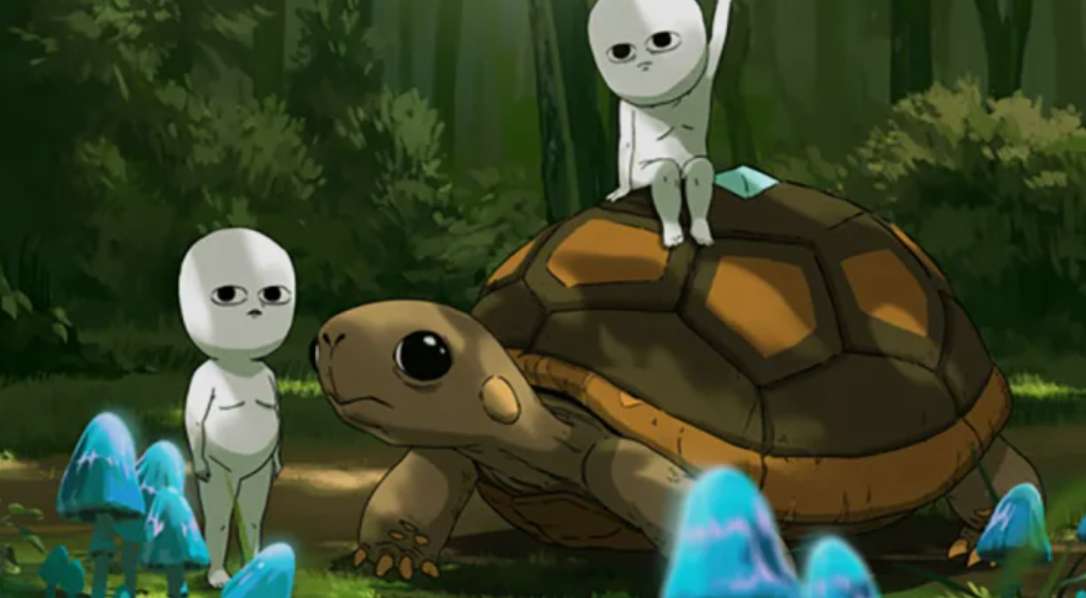 Scene from Common Side Effects featuring small white humanoid characters sitting on and standing beside a large turtle in a forest with glowing blue mushrooms.