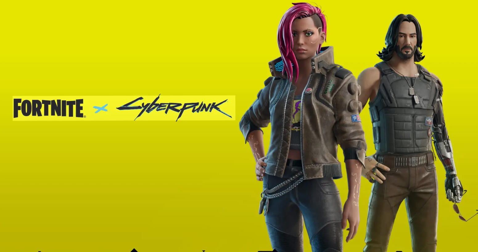 Fortnite x Cyberpunk crossover featuring V and Johnny Silverhand characters on a yellow background.