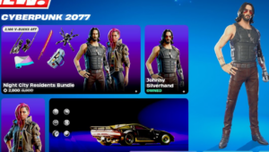 Fortnite item shop showing Cyberpunk 2077 cosmetics including Johnny Silverhand and the Night City Residents bundle.