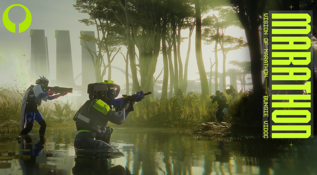 Marathon gameplay scene showing futuristic soldiers fighting in a jungle swamp during the Marathon Vision of Marathon Bungie ViDoc.