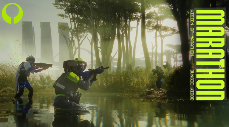 Marathon gameplay scene showing futuristic soldiers fighting in a jungle swamp during the Marathon Vision of Marathon Bungie ViDoc.