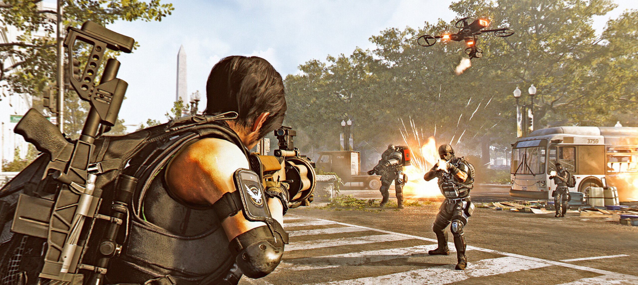 Tom Clancy’s The Division 2 gameplay showing an agent fighting enemy soldiers in Washington, D.C. with drones and explosions.