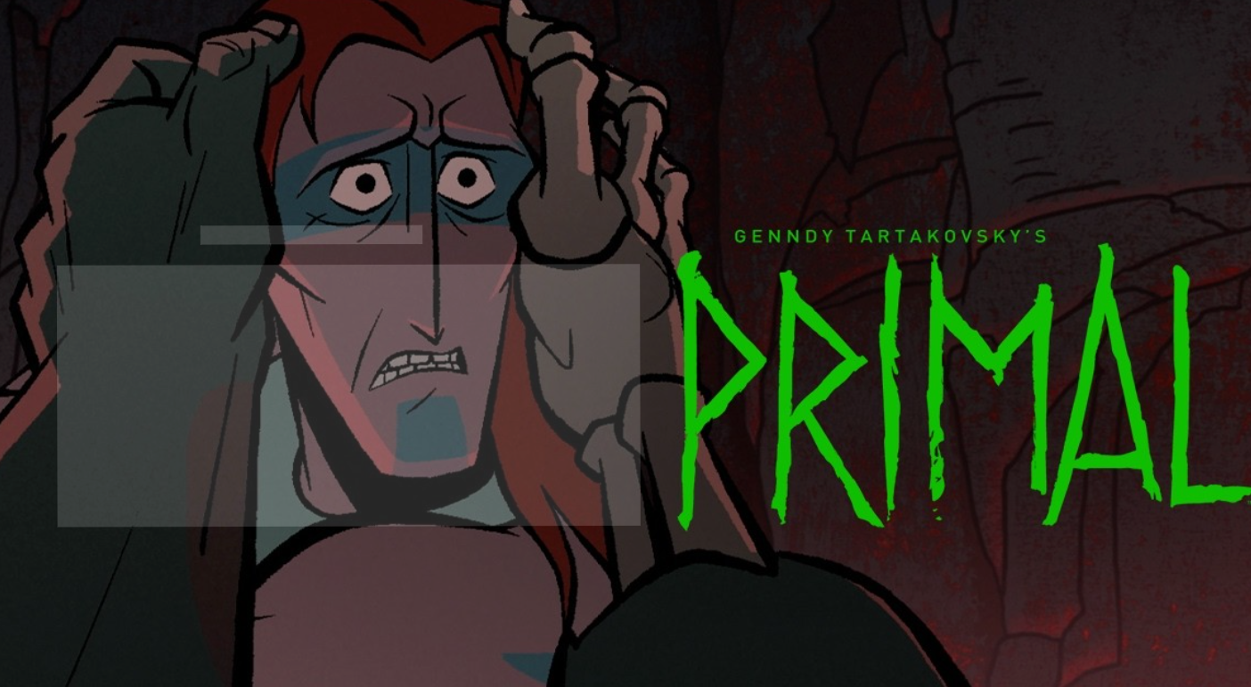 Animated scene from Genndy Tartakovsky’s Primal showing a frightened character with the series title displayed in green.