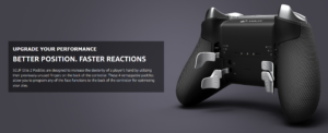 Xbox controller with SCUF Elite Series 2 back paddles attachment for faster reactions and remappable inputs.