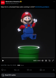 LEGO Super Mario figure jumping out of a green pipe in a teaser from Nintendo announcing new sets coming in 2027.