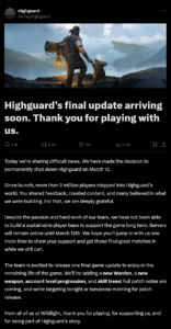 Highguard announcement post confirming the game will shut down on March 12 with a final update for players.