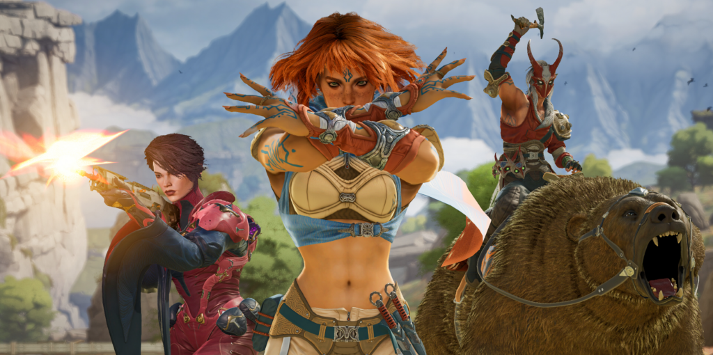 Promotional artwork from Highguard showing three playable characters in combat poses, including a warrior with red hair in the center, a shooter firing a weapon, and a horned fighter riding a bear.