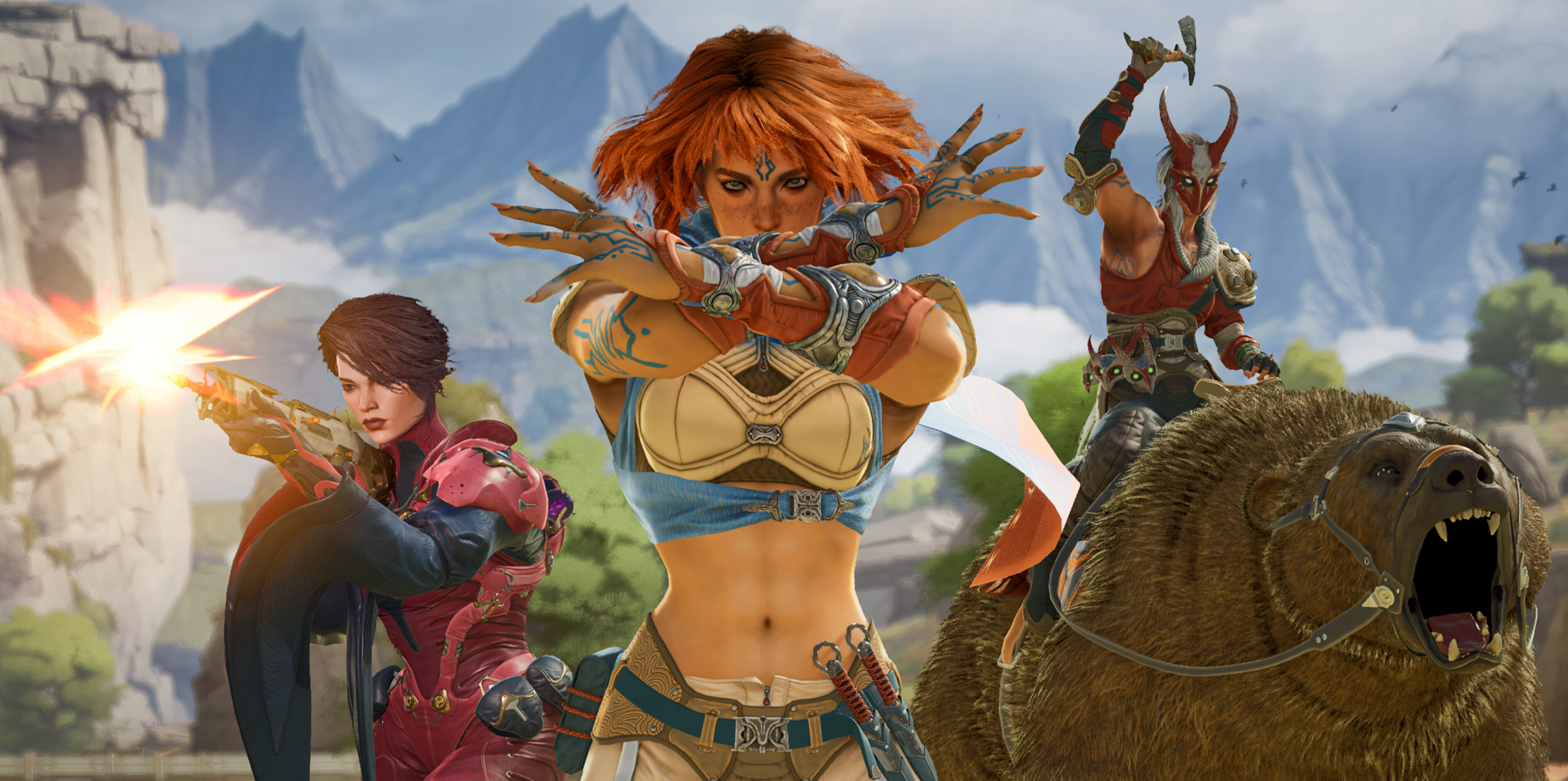 Promotional artwork from Highguard showing three playable characters in combat poses, including a warrior with red hair in the center, a shooter firing a weapon, and a horned fighter riding a bear.