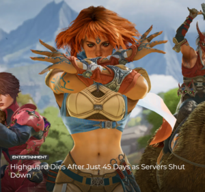Highguard characters with central red-haired warrior and headline announcing shutdown after 45 days.
