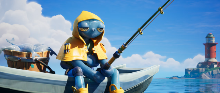 Fortnite Bluefish Octopus character fishing from a small boat with a lighthouse in the background.