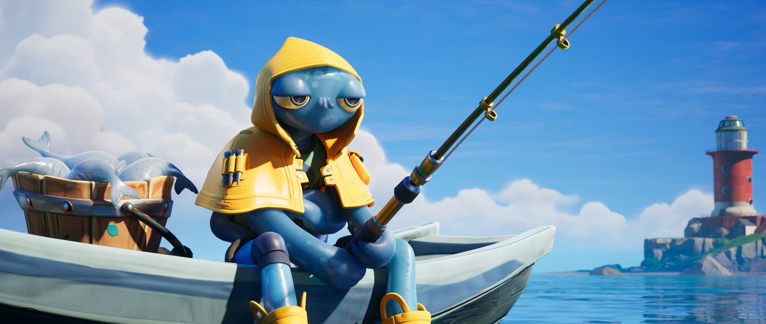 Fortnite Bluefish Octopus character fishing from a small boat with a lighthouse in the background.