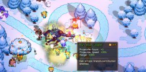 Tangy TD gameplay showing a snowy map with multiple towers attacking enemies and an item tooltip for Multi Vision Goggles.