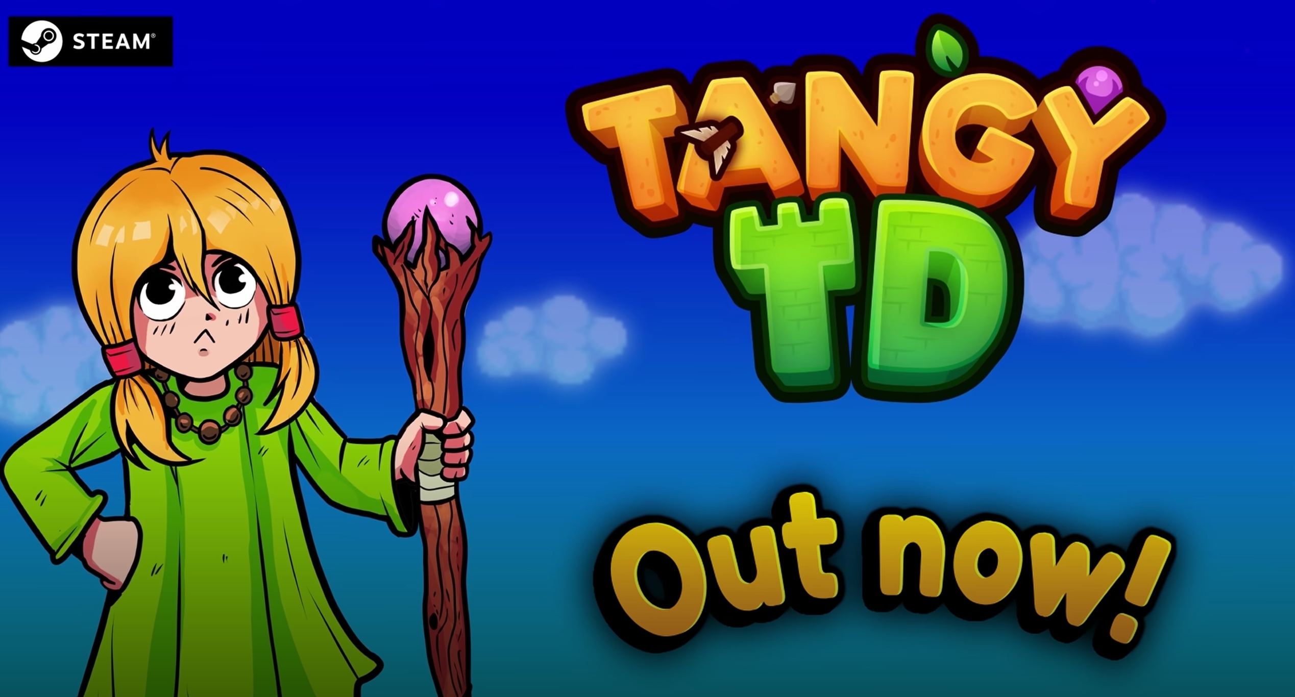 Tangy TD promotional image showing a cartoon girl holding a staff with “Out Now!” text and Steam logo.