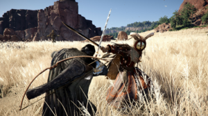 Crimson Desert gameplay showing a sword fight between a cloaked warrior and a masked enemy in a grassy open field.