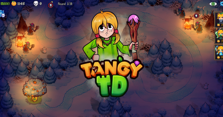 Tangy TD gameplay featuring the game’s wizard character and logo over a snowy tower defense map with enemies and defensive units.