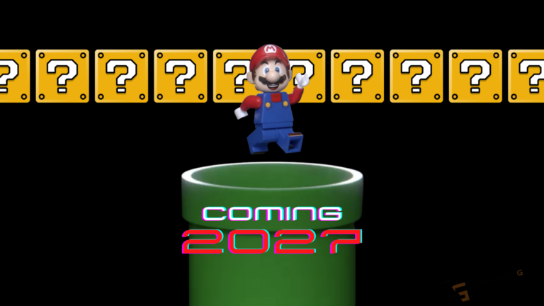 LEGO-style Mario jumping above a green pipe with question blocks and the text “Coming 2027.”