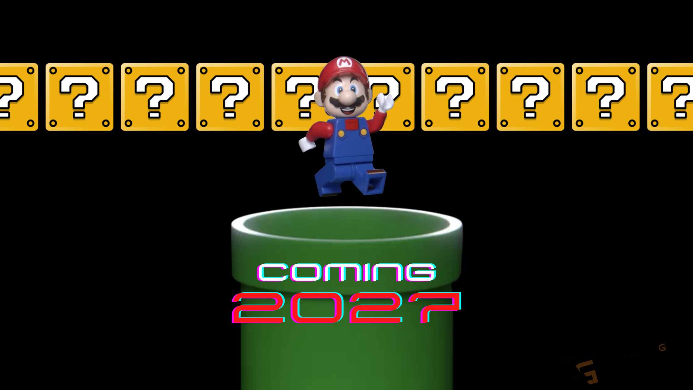 LEGO-style Mario jumping above a green pipe with question blocks and the text “Coming 2027.”