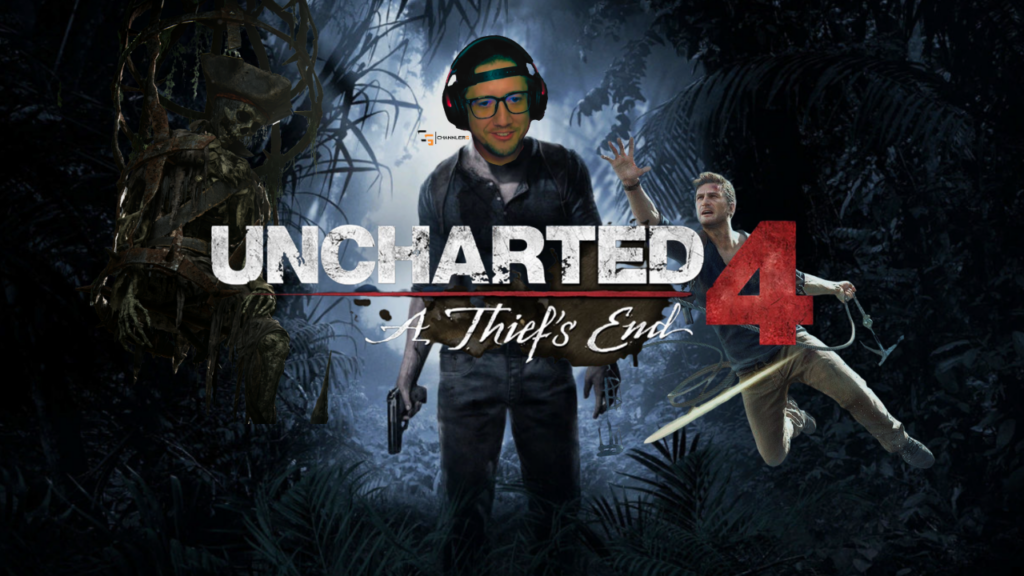 Uncharted 4 thumbnail featuring ChannlerG with headset in a jungle scene alongside Nathan Drake and a skeleton.