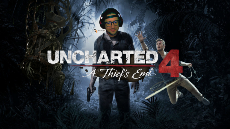 Uncharted 4 thumbnail featuring ChannlerG with headset in a jungle scene alongside Nathan Drake and a skeleton.