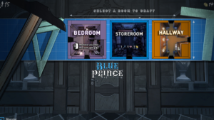 Blue Prince room selection screen showing Bedroom, Storeroom, and Hallway options during drafting phase.