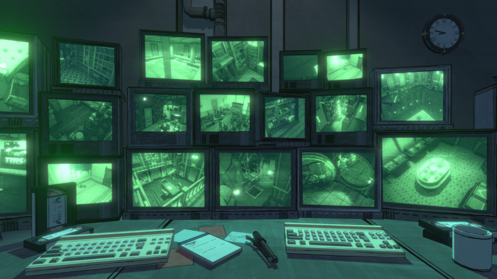 Security room filled with multiple surveillance monitors displaying green night-vision camera feeds in Blue Prince.