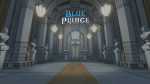 Grand hall in Blue Prince with tall columns, statues, hanging lights, and a central doorway.