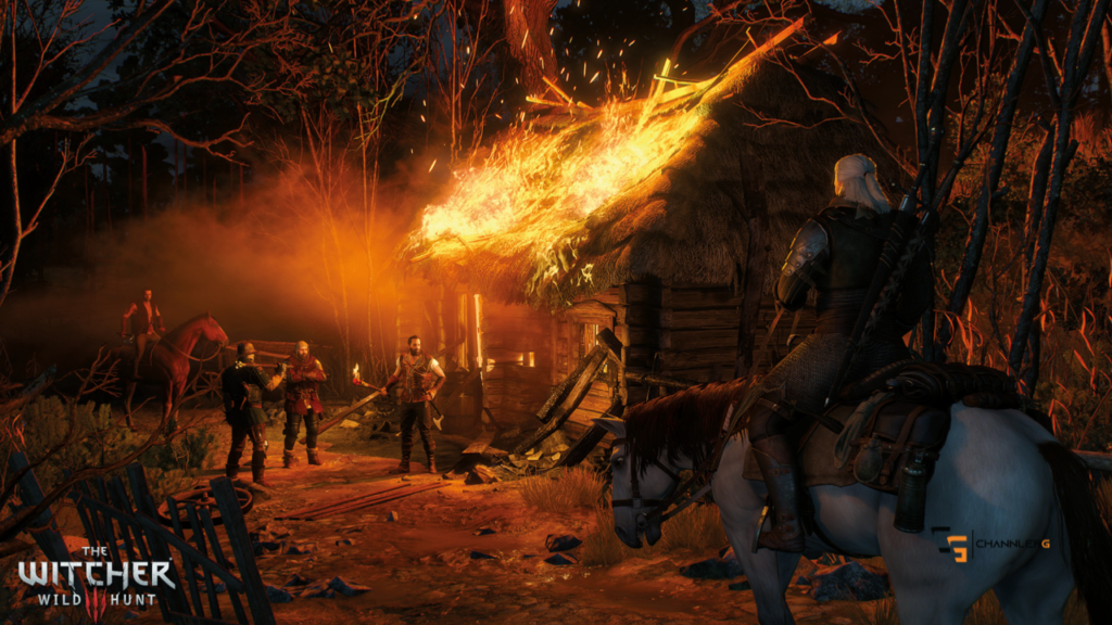 The Witcher 3 scene showing Geralt on horseback watching a burning house at night with villagers nearby.
