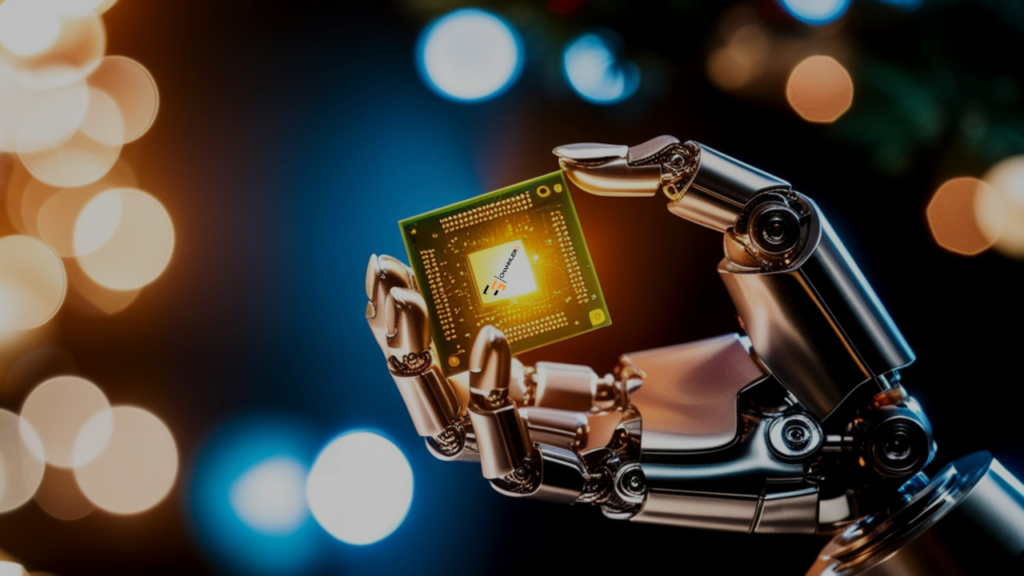 Robotic hand holding a glowing microchip against a blurred background with colorful lights.