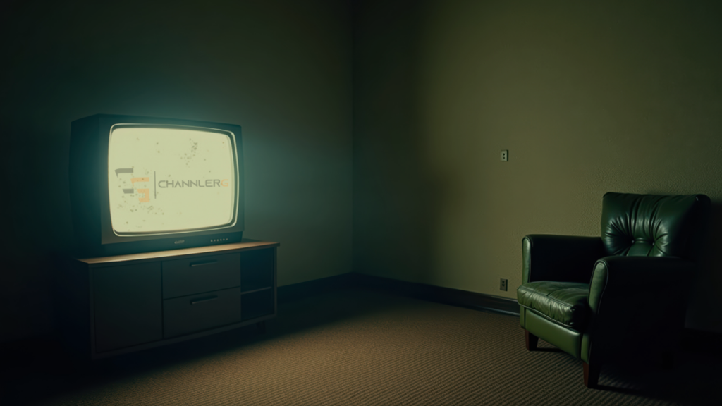 Vintage CRT television displaying ChannlerG logo in a dimly lit room with a single chair and minimalist setup.
