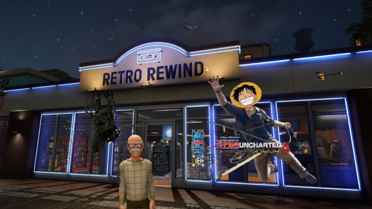 Retro Rewind video store exterior at night with neon lights, featuring a stylized gaming collage with Uncharted and One Piece elements.