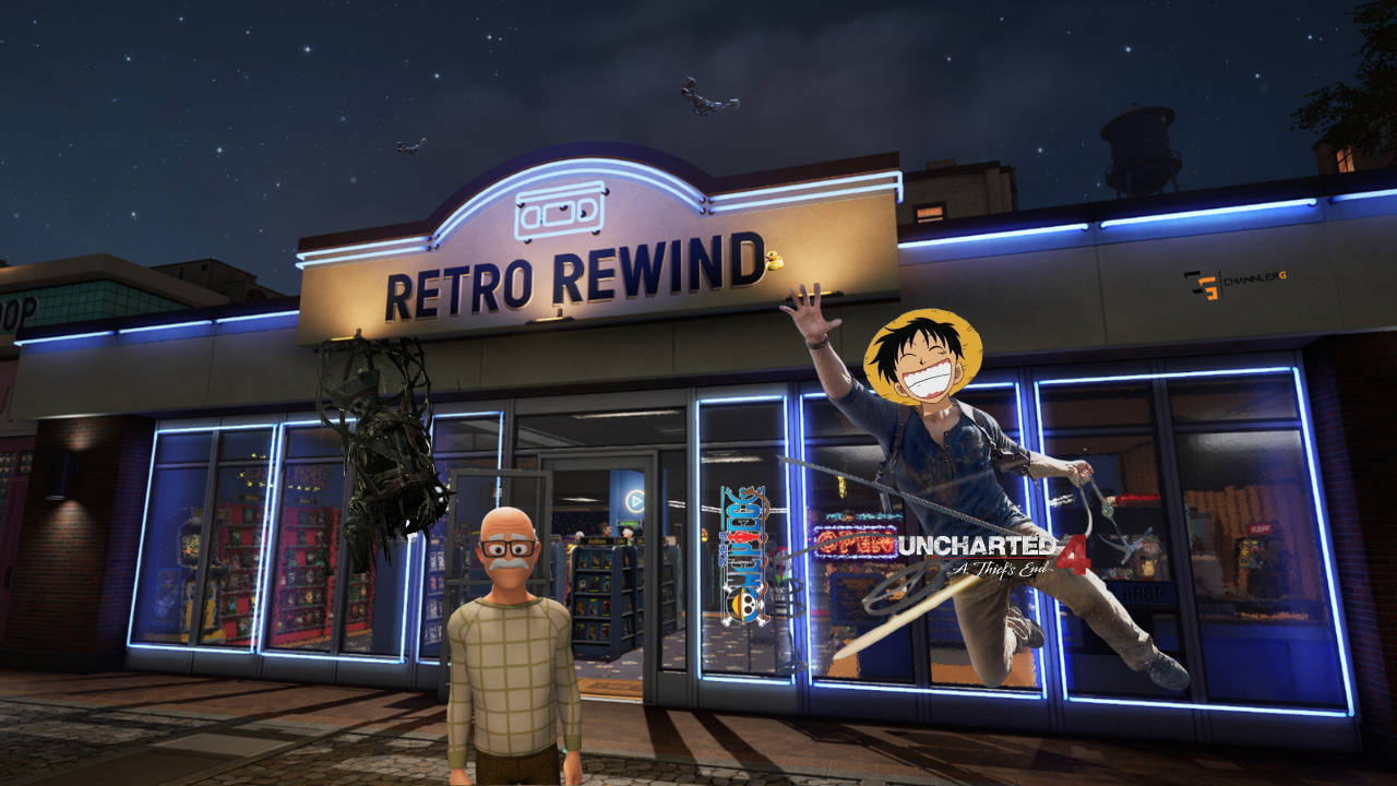 Retro Rewind video store exterior at night with neon lights, featuring a stylized gaming collage with Uncharted and One Piece elements.