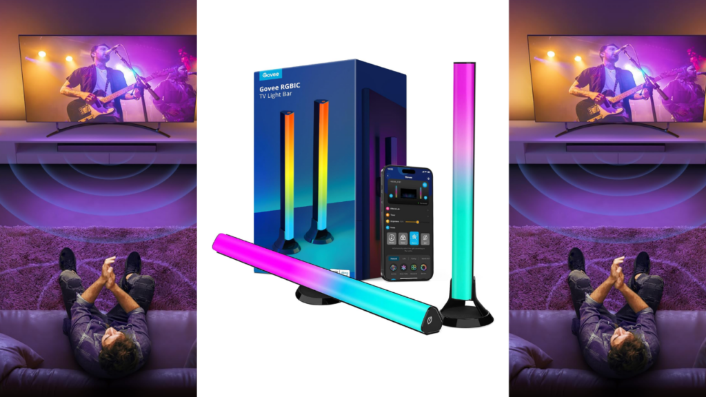 Govee RGBIC TV light bars with product box, mobile app control, and ambient lighting setup displayed in a living room.