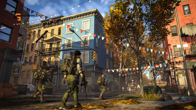 Agents exploring a detailed urban street environment in The Division 2 with autumn trees and city buildings.