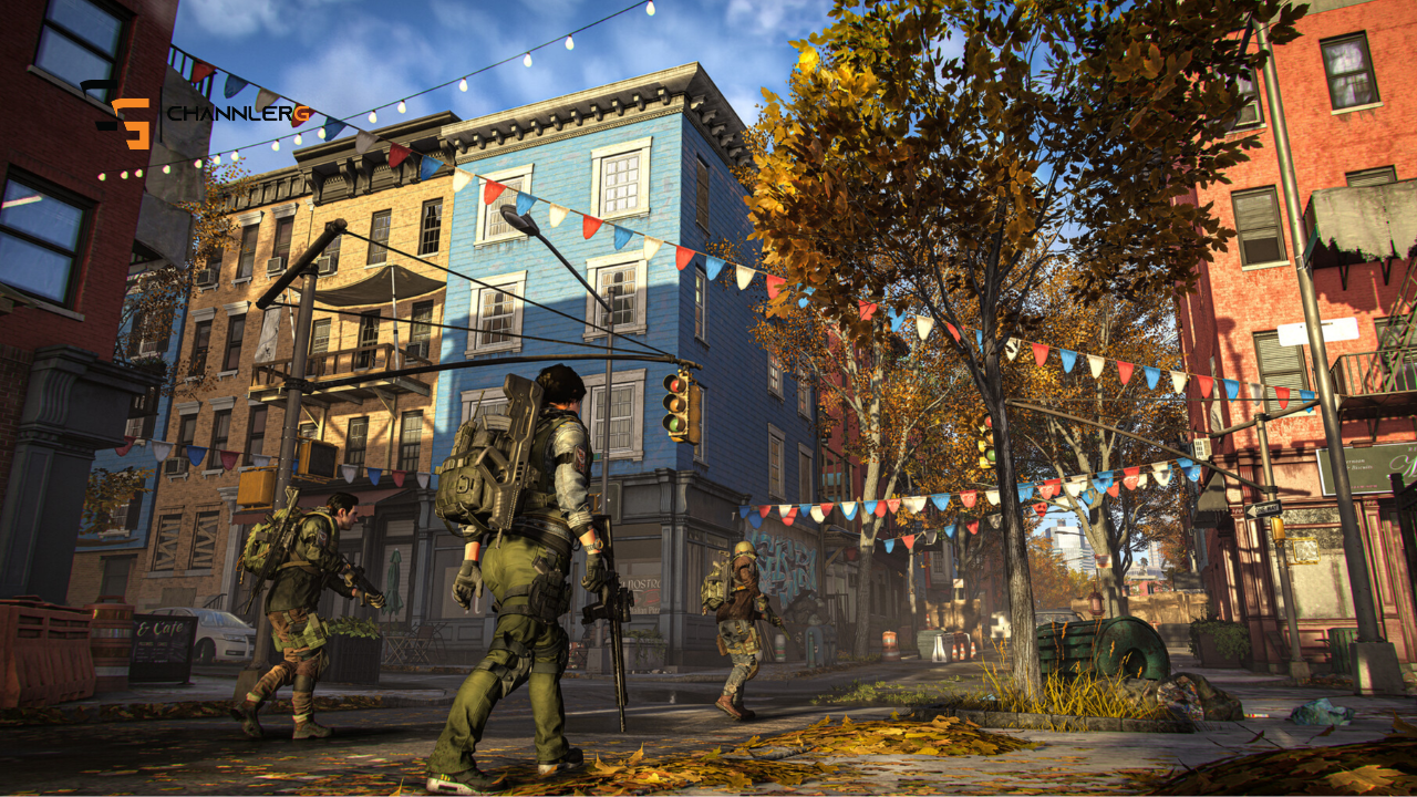 Agents exploring a detailed urban street environment in The Division 2 with autumn trees and city buildings.