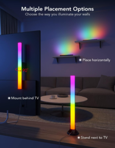 RGB LED light bars displayed in a living room with multiple placement options including behind a TV, on shelves, and standing next to furniture.