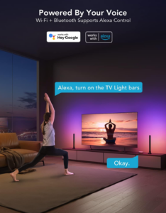 Smart RGB TV light bars controlled by voice using Alexa and Google Assistant in a modern living room setup.