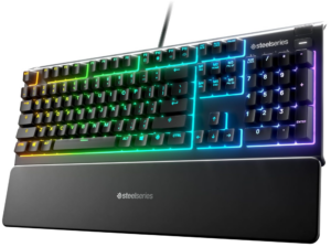 SteelSeries Apex 3 gaming keyboard with RGB lighting and wrist rest shown in a clean product view.
