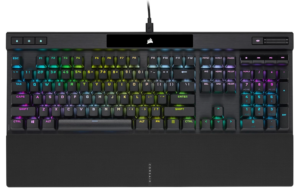 Corsair K70 RGB PRO mechanical gaming keyboard with per-key RGB lighting and media controls in a top-down view.