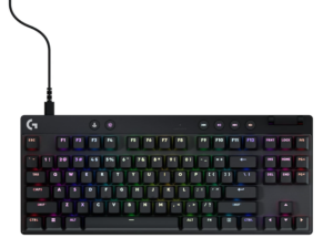 Logitech G PRO X mechanical gaming keyboard with RGB lighting and compact tenkeyless layout shown in a top-down view.