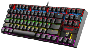 Redragon K552 mechanical gaming keyboard with rainbow RGB backlighting and compact tenkeyless design shown at an angled view.