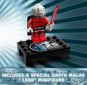 LEGO Darth Malak minifigure with red lightsaber displayed on a 25 Years of LEGO Star Wars commemorative stand.
