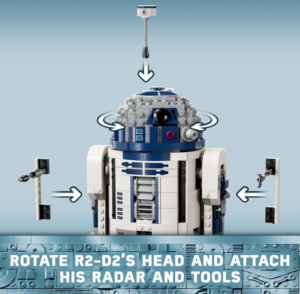LEGO R2-D2 buildable model with detachable radar and tools, showing rotating head and interchangeable attachments.