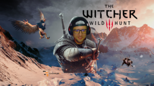 Custom gaming thumbnail featuring The Witcher 3 with a streamer overlay, snowy mountains, and monsters in the background.