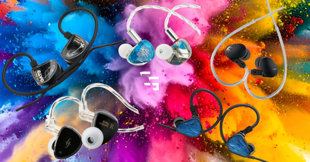 Featured image showcasing five popular gaming IEMs including TRUTHEAR GATE, Kiwi Ears Orchestra Lite, Moondrop Chu II, SIMGOT EM6L, and TRUTHEAR x Crinacle Zero Blue on a colorful explosion background.
