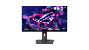 ASUS ROG 26.5-inch QHD OLED gaming monitor with 240Hz refresh rate and glossy display.