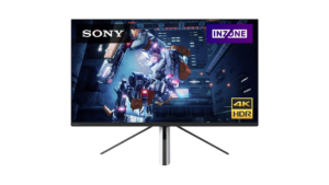 Sony INZONE gaming monitor displaying a sci-fi mech game, featuring 4K resolution and HDR support for immersive gaming visuals.
